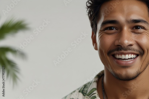 young native hawaiian man on plain bright white background laughing hysterically looking at camera background banner template ad marketing concept from Generative AI