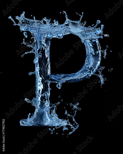 Text typeface made out of real water the letter P