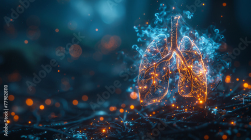 Holographic illustration of a human lung filled with air detailed alveoli and bronchi