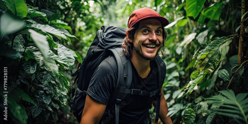 Adventurer trekking through lush green jungle, surrounded by dense vegetation and towering trees.