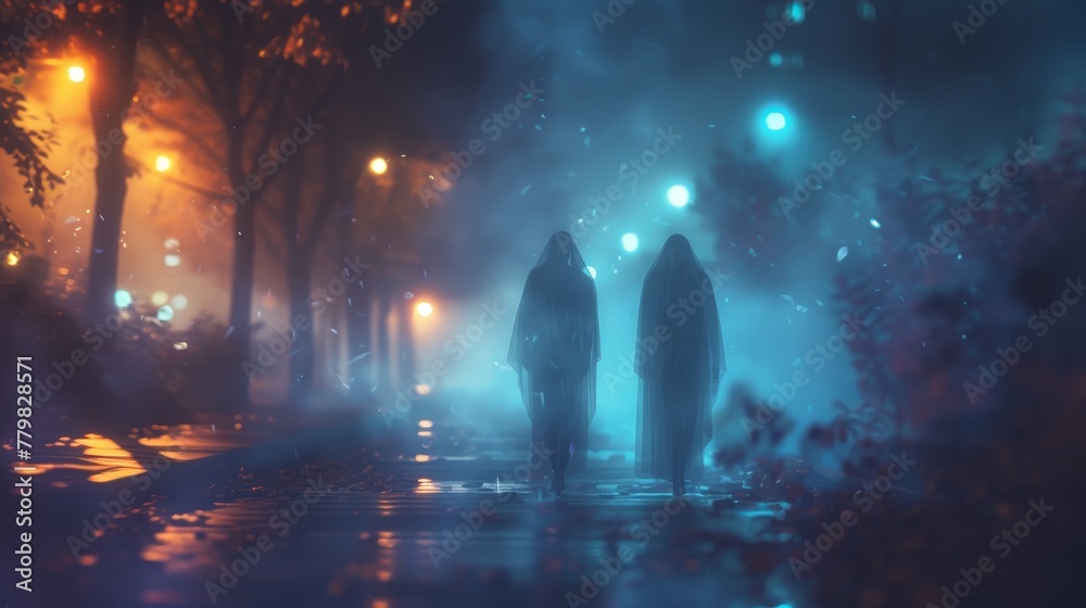 Two people walking in the rain, one of them is wearing a hood. The scene is set in a forest at night, with the trees illuminated by street lights. Scene is eerie and mysterious, as the darkness