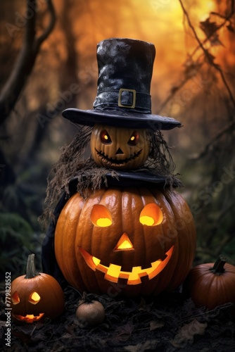 Autumn Halloween night a pumpkin with a hat © Stefan
