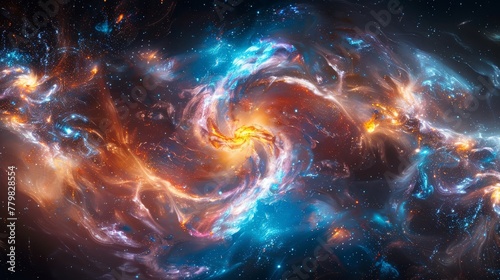 A colorful galaxy with a spiral shape. The colors are orange, blue, and yellow. The galaxy is full of stars and has a lot of space between them