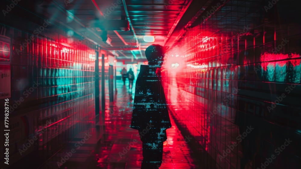A person is walking down a red and blue tunnel. The tunnel is lit up with neon lights, creating a surreal and otherworldly atmosphere. The person is wearing a black jacket
