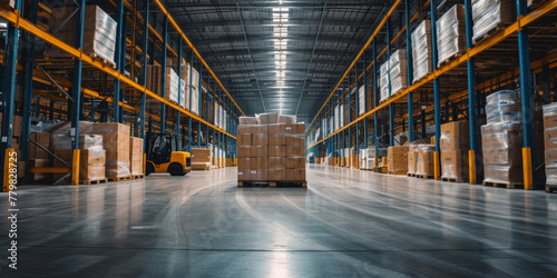 Large spacious warehouse with high racks and pallets with boxes. Cardboard boxes are packed in polyethylene stretch film. Forklift.