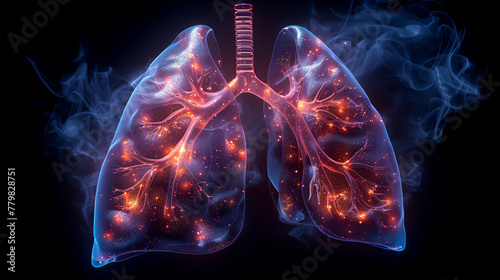 An illustrated hologram showing the human respiratory system lungs and airways glowing photo
