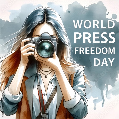 Watercolor illustration of female photographer for world press freedom day