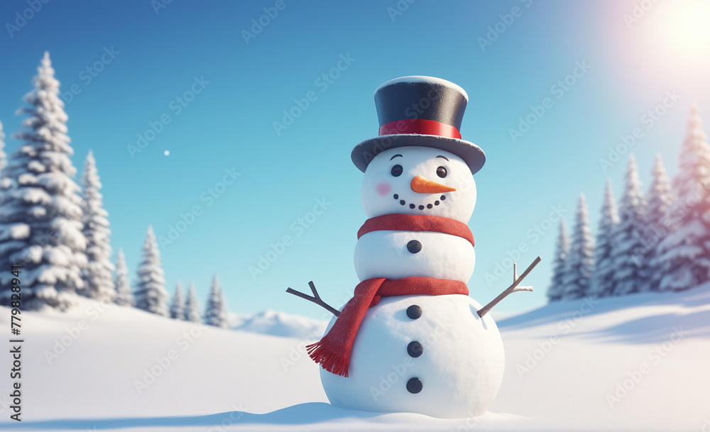 Fototapeta premium snowman with hat and scarf