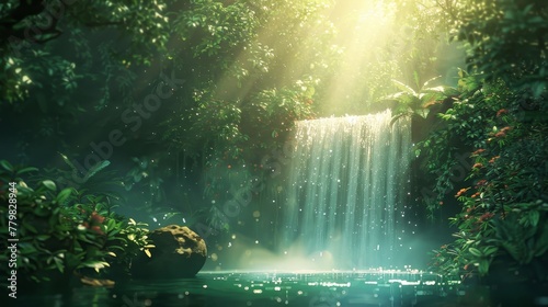 A waterfall is flowing into a pond in a lush green forest. The sunlight is shining through the trees, creating a serene and peaceful atmosphere © Sodapeaw