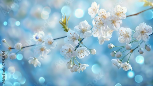 Beautiful curved branches with white cherry flowers in spring close-up on a blue soft background. 