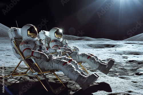 Two spacefarers recline gracefully on sun loungers amidst the planetary landscape on the moon surface. photo