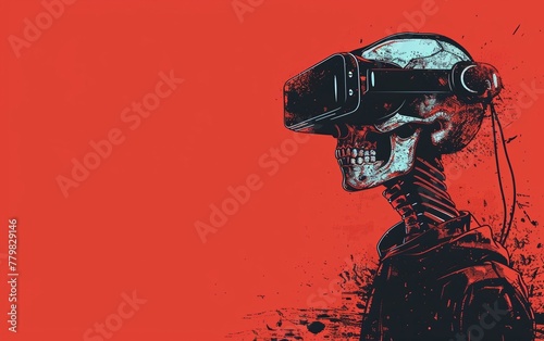 Illustration of a man with a skull wearing a modern virtual reality headset, shown in vector format.