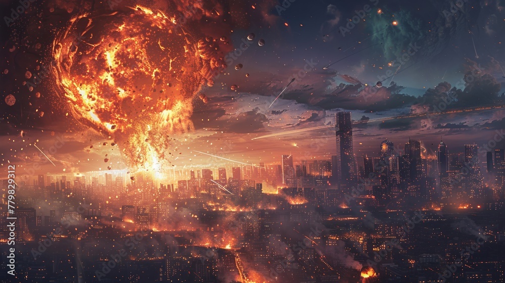 Beautiful artwork of a futuristic cityscape where meteorites ominously light up the sky in a spectacular explosion, rendered in a stunning digital art style. - obrazy, fototapety, plakaty 