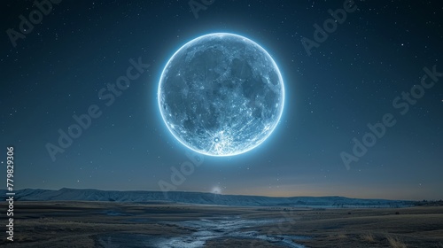 A large blue moon is floating in the sky above a dry, barren landscape. The scene is peaceful and serene, with the moon casting a soft glow over the landscape