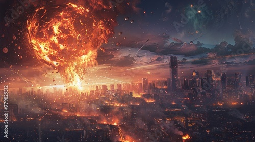 Beautiful artwork of a futuristic cityscape where meteorites ominously light up the sky in a spectacular explosion, rendered in a stunning digital art style. photo