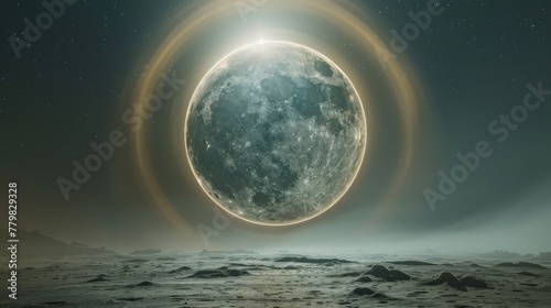 A large  glowing moon is surrounded by a ring of light. The scene is set in a desolate  barren landscape with no other visible objects. Scene is eerie and mysterious