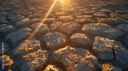 A desert landscape with sun rays shining on the ground. The sun is in the sky and the ground is dry and cracked