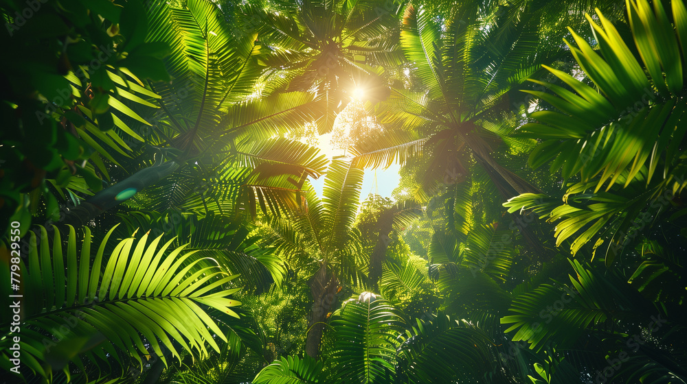 lush green tropical vegetation jungle with palm leaves in sunshine