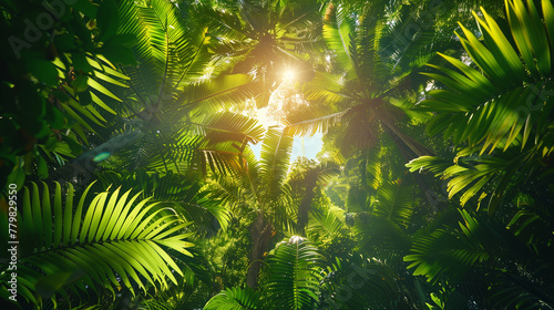 lush green tropical vegetation jungle with palm leaves in sunshine