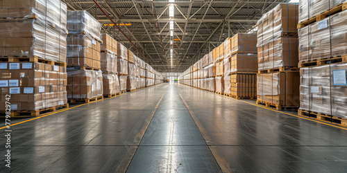 Large spacious warehouse with high racks and pallets with boxes. Cardboard boxes are packed in polyethylene stretch film. Forklift.