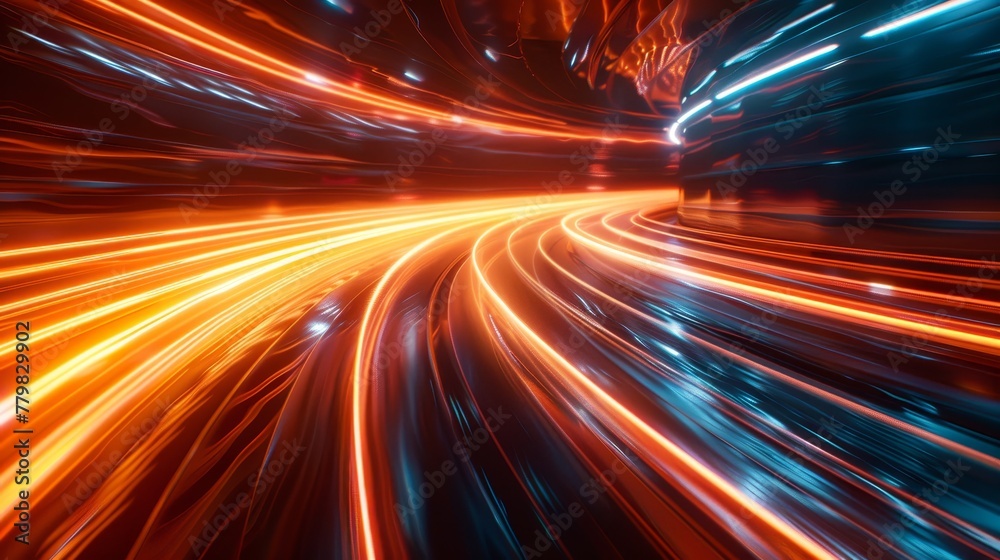 A bright orange and blue light trail is shown in the image. The colors and the way they are arranged create a sense of movement and energy A bright orange and blue light trail is shown in the image. The colors and the way they are arranged create a sense of movement and energy