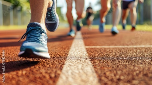 Atletas corriendo en una pista de atletismo. Concepto de evento deportivo.  photo