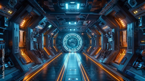 A futuristic space station with a large glowing orb in the middle. The space station is filled with orange and blue lights, giving it a futuristic and otherworldly feel