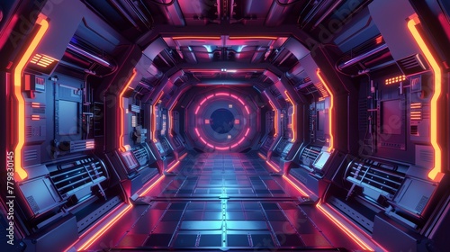 A futuristic space station with neon lights and a large circular opening. The space station is designed to look like a spaceship  with a futuristic feel