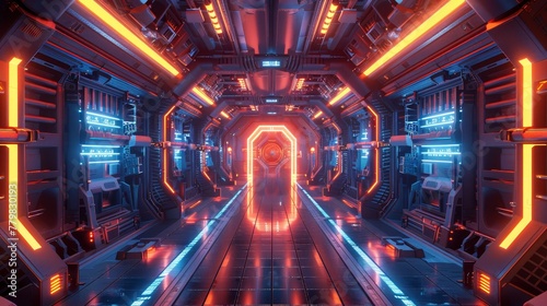 A futuristic space station with neon lights and a glowing doorway. The atmosphere is futuristic and mysterious. The neon lights create a sense of wonder and excitement