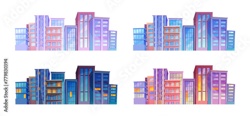 Cityscape buildings at different time of day. Vector isolated skyscrapers and facade or exterior of houses in morning, at night, evening and sunset. Town downtown or main district, suburbs © Sensvector
