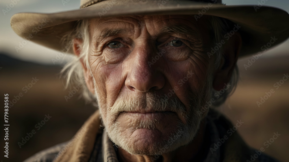 Portrait of an old man in a cowboy hat looking at the camera Portrait of an old man in a cowboy hat looking at the camera