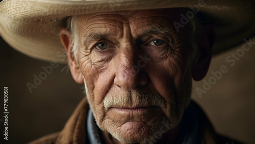 Portrait of an old man in a cowboy hat looking at the camera photo