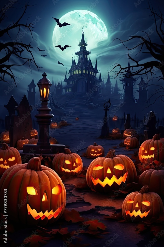 Halloween background with scary pumpkins candles in the graveyard at night with a castle background