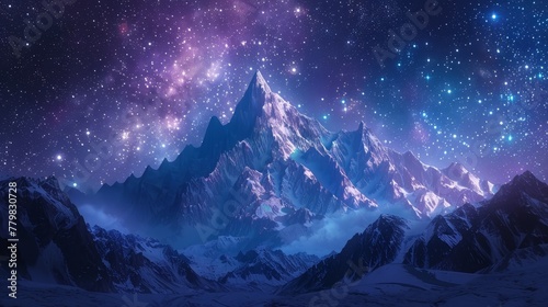 A mountain range covered in snow and surrounded by a starry sky. The sky is filled with stars and the mountains are illuminated by the light of the stars. The scene is serene and peaceful
