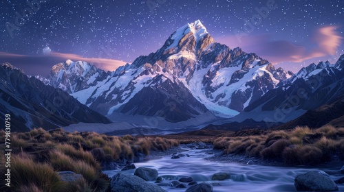 A mountain range with a river running through it. The sky is dark and the stars are shining brightly