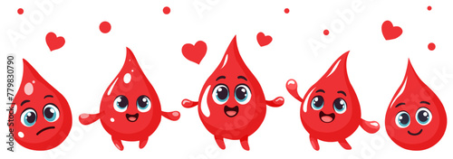 Set of cartoon blood drops. Cartoon characters, elements for clinic design, blood donation