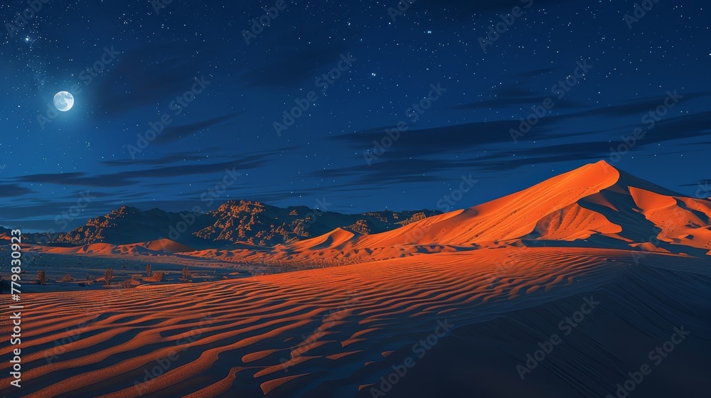 A desert landscape with a mountain in the background and a full moon in the sky. The scene is serene and peaceful, with the moon casting a soft glow over the sand dunes - obrazy, fototapety, plakaty 