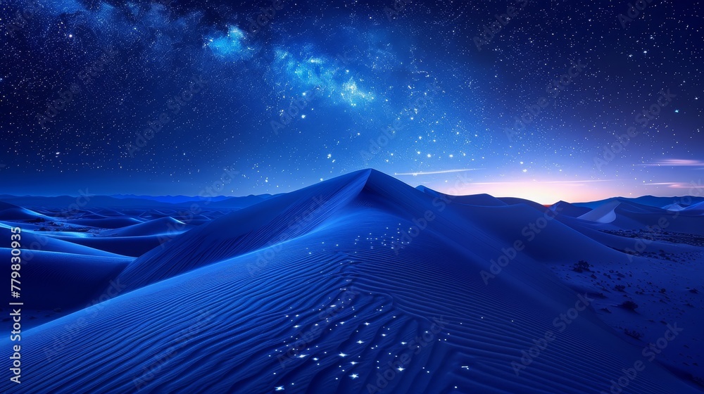 A beautiful night sky with a blue desert in the background. The stars are shining brightly and the sky is filled with a sense of calmness and serenity - obrazy, fototapety, plakaty 