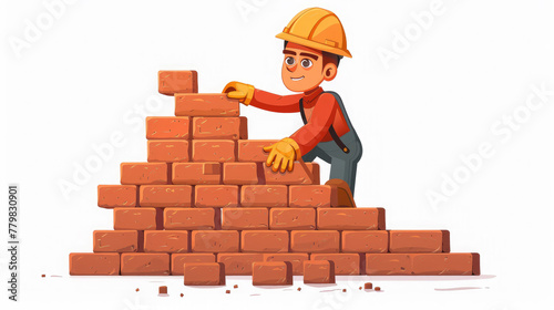 male builder in uniform and helmet builds a wall of bricks, construction site, man, house, architecture, foreman, profession, building, stone, illustration, background