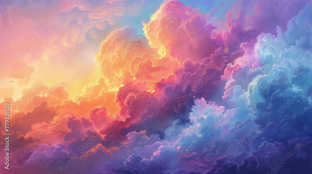 A colorful sky with clouds of different colors. The sky is filled with a variety of colors, including pink, blue, and purple. The clouds are scattered throughout the sky, with some being larger