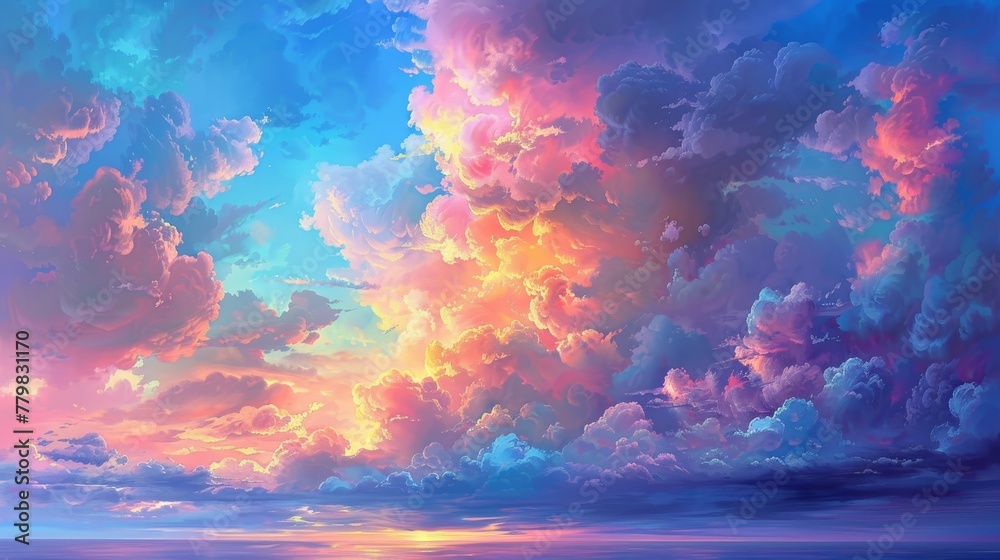 A colorful sky with a large cloud that is pink and purple. The sky is filled with clouds and the sun is setting