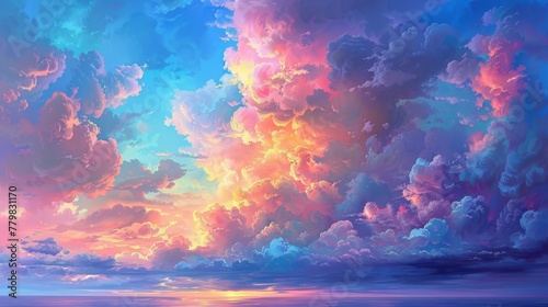 A colorful sky with a large cloud that is pink and purple. The sky is filled with clouds and the sun is setting