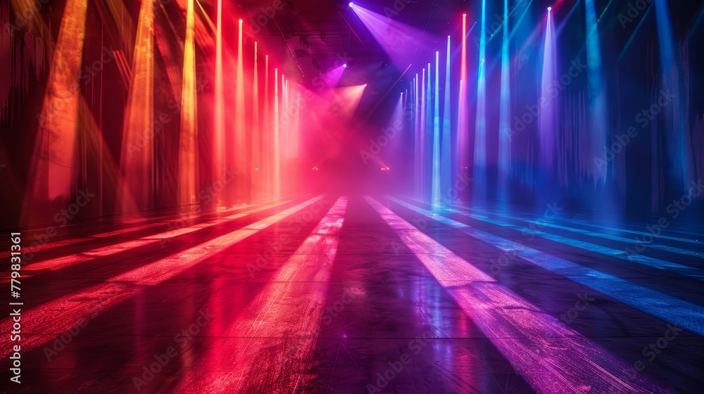 A long, colorful hallway with lights shining down on it. The lights are in different colors and are arranged in a way that creates a sense of movement and energy. The hallway is empty A long, colorful hallway with lights shining down on it. The lights are in different colors and are arranged in a way that creates a sense of movement and energy. The hallway is empty