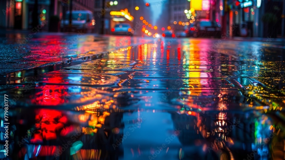A city street with a lot of cars and a lot of rain. The rain is reflecting the lights of the city, creating a colorful and vibrant atmosphere