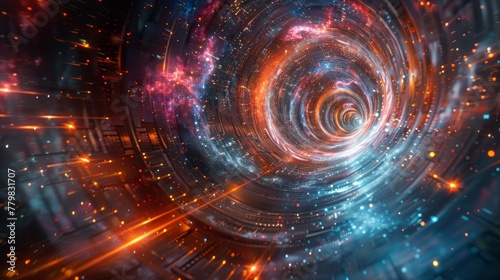 A spiral tunnel with a bright orange and blue light. The tunnel is filled with stars and glowing lights