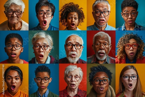 Collage of Multigenerational People with Surprised Expressions