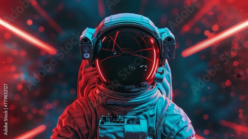 A man in a spacesuit with a broken helmet. The image is in red and blue colors photo
