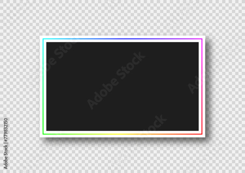 Vector empty photo frame. Realistic mockup with multicolored line and shadow isolated on transparent background.