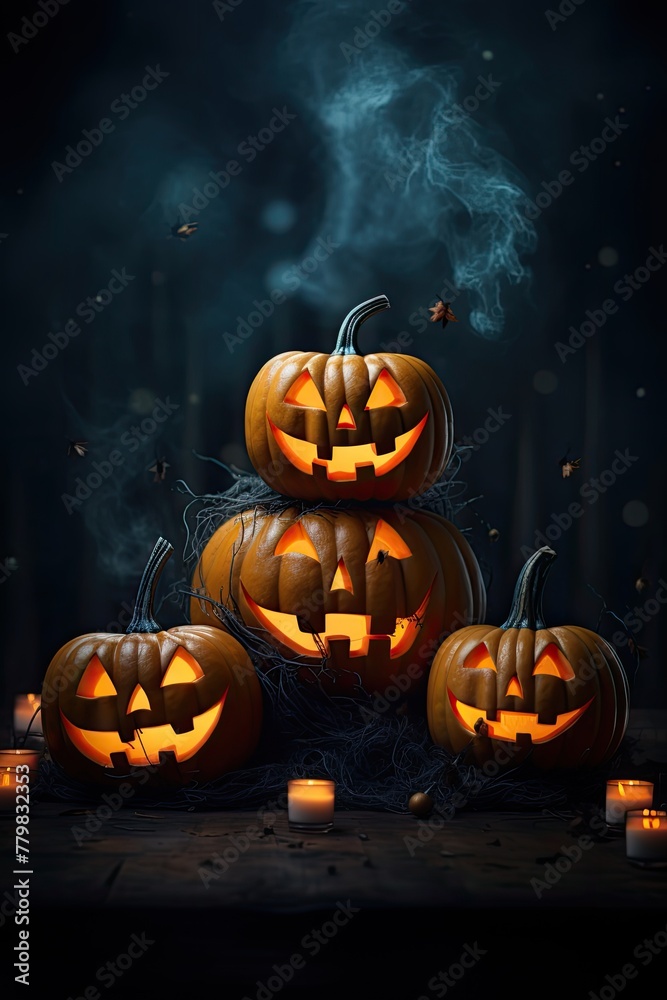 Halloween pumpkins on a dark background with a place for text Halloween pumpkins on a dark background with a place for text