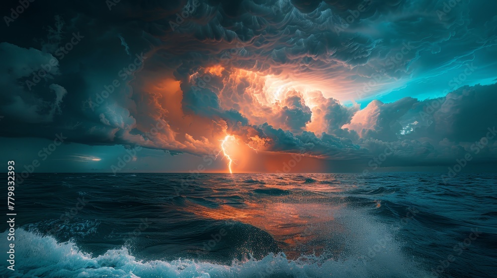 A stormy ocean with a bright lightning bolt in the sky. Scene is intense and dramatic